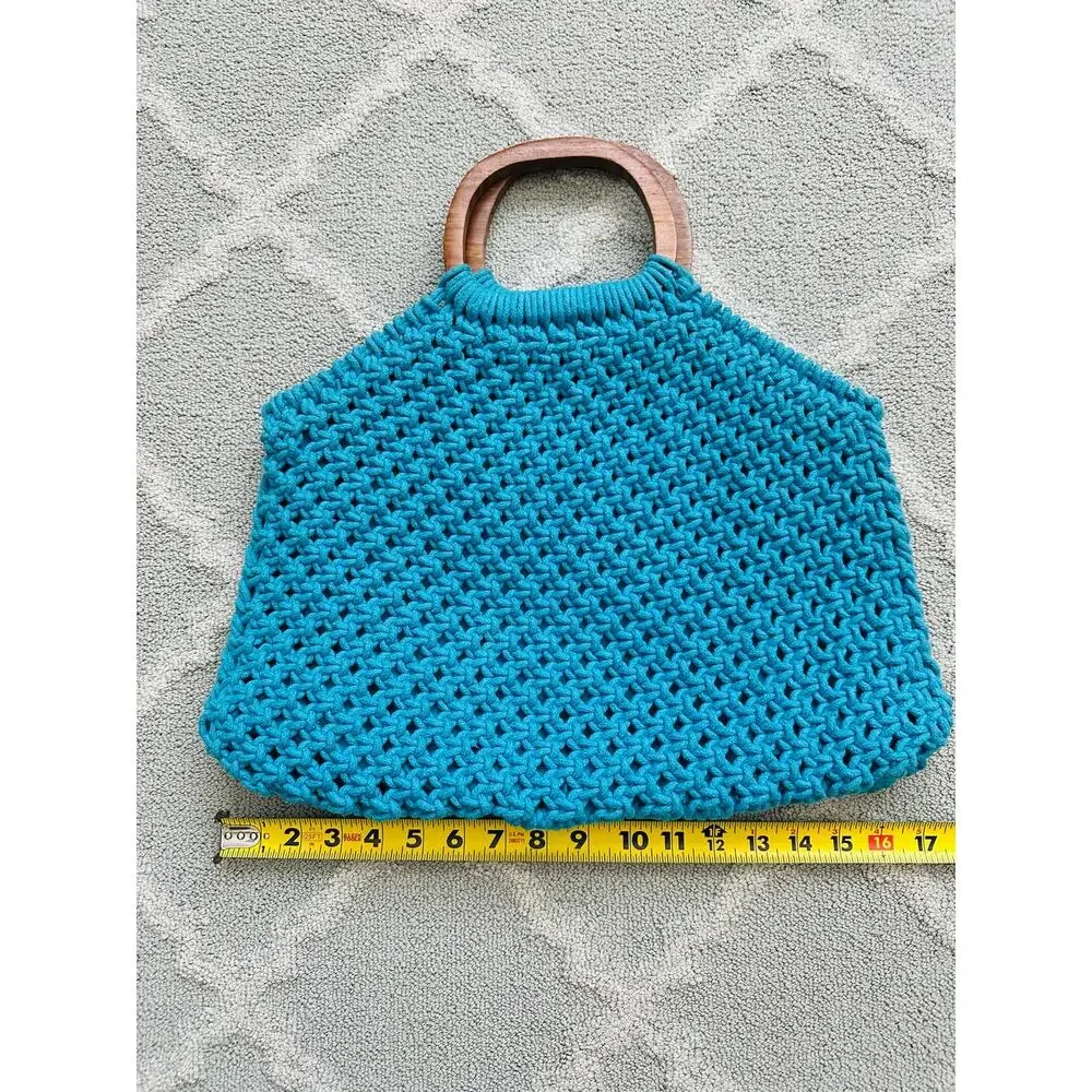 Urban Outfitters Turquoise Crochet Tote Wooden Handles NWT Macrame Knit Handbag